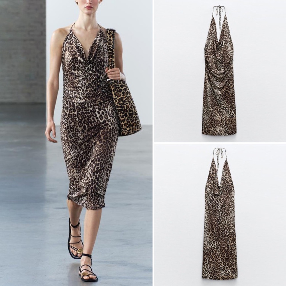 NWT Zara Animal Leopard Print Drape Modi Dress M L - Picture 4 of 14